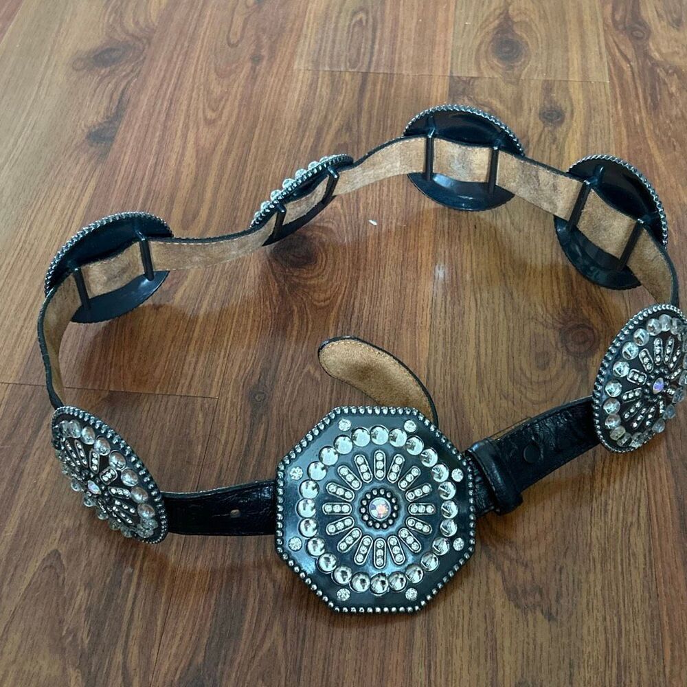 Tony Lama black ostrich leather vintage 90's silver rhinestone Concho style be